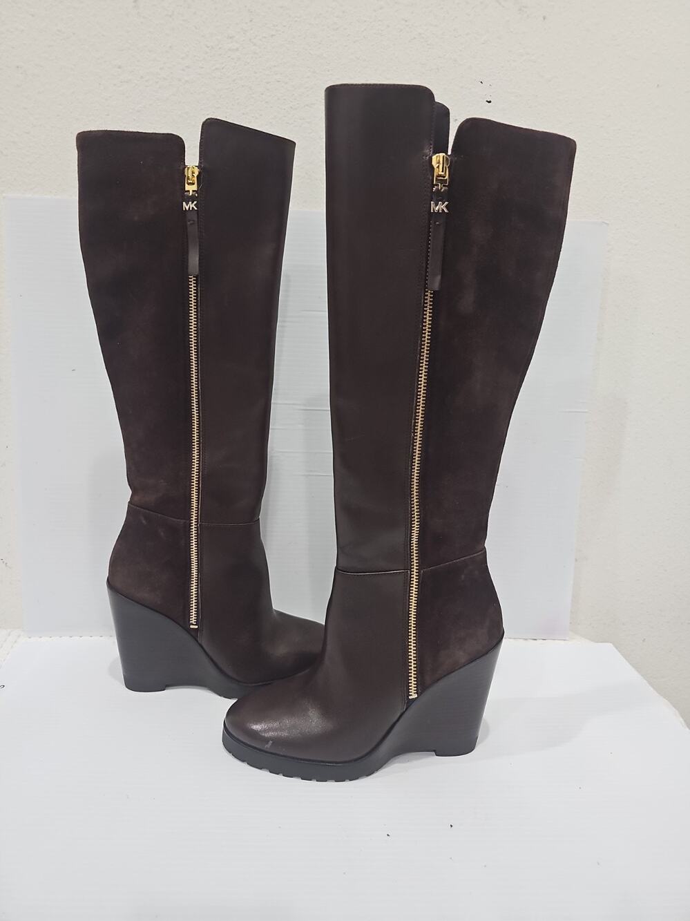Michael Kors Brown Leather & Suede Knee High Clara Wedge Boots 7.5M